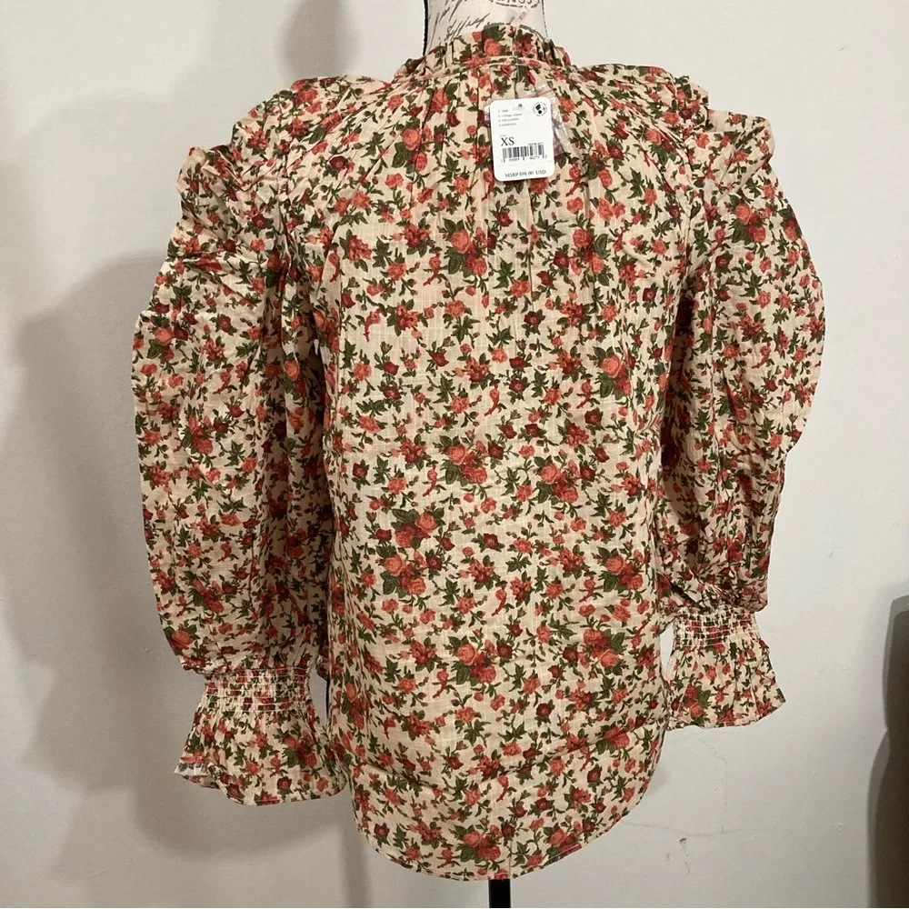 Free People Meant To Be Floral Roses Cotton Poet Blouse Statement Sleeves